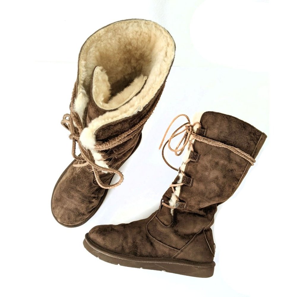 UGG Australia Whitley Brown Suede Lace Up Platform Shearling Winter Boots